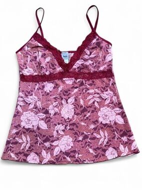 Preloved y2& Floral Lace print pattern Trim Camisole - Burgundy & Pink
